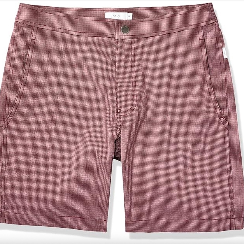 Onia Men's Calder Stretch Gingham Swim Trunk in burgundy/slate